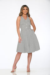 White & Black Checkmate Halter Swing Dress