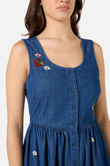 Berry Bloom Embroidered Denim Dress