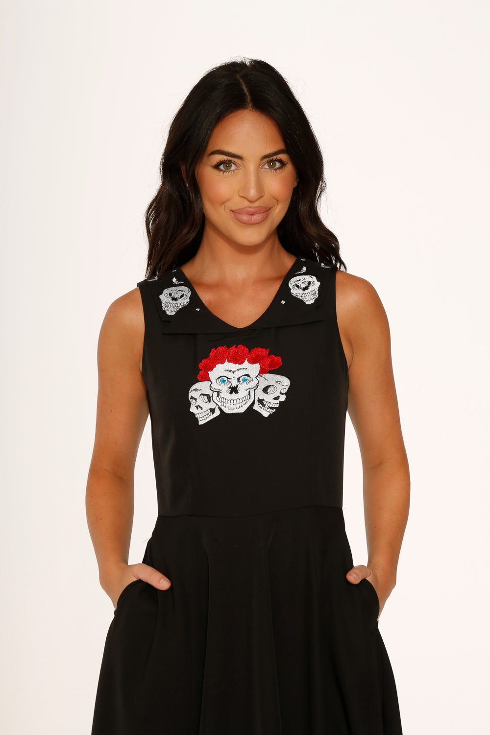 Rose Skulls Embroidered Swing Dress