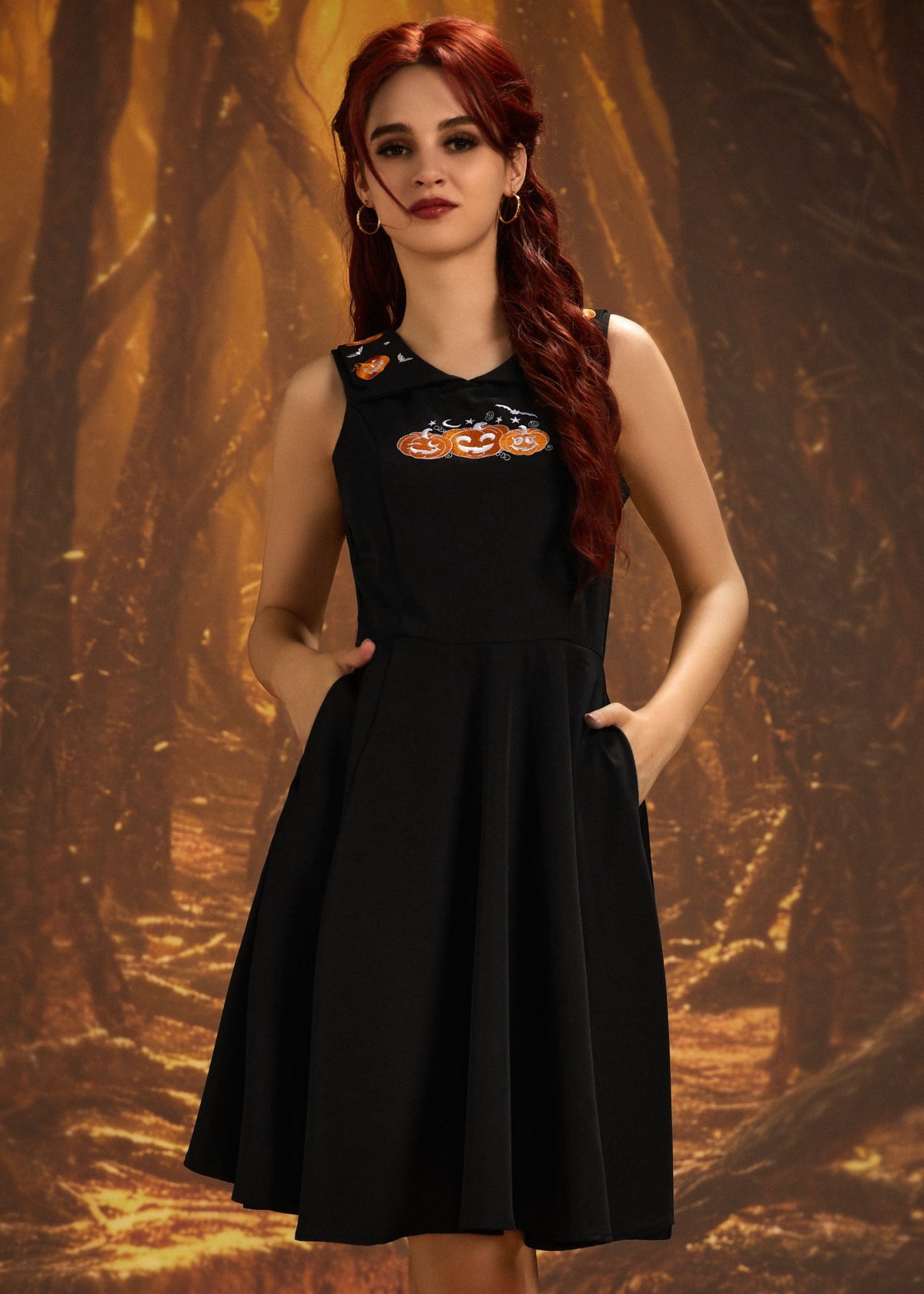 Halloween Pumpkin Embroidery Swing Dress