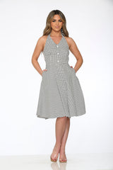 White & Black Checkmate Halter Swing Dress