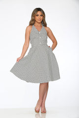 White & Black Checkmate Halter Swing Dress