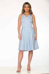 Blue White Checkmate Halter Swing Dress