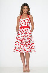 White Red Cherry Halter Swing Dress