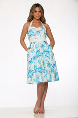White & Blue Floral Halter Dress