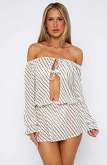 Back To Shore Long Sleeve Mini Dress Cream/Choc Stripe