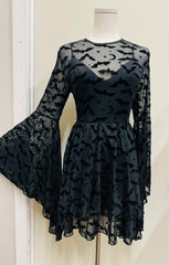 Dracuella - Velvet BATS Flocked Mini Dress with Witchy Bell Sleeves