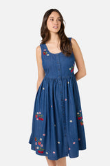 Berry Bloom Embroidered Denim Dress